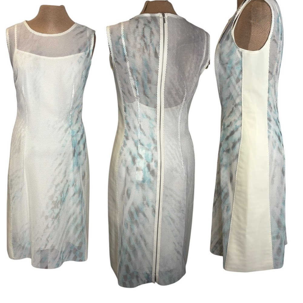 Elie Tahari NWT Dress sheer sheath in pastel white and Blue Mesh lined size 8